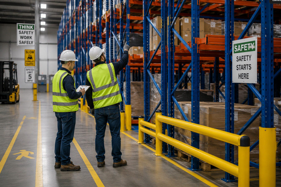 Warehouse workers inspecting pallet racking and warehouse safety systems as part of an OSHA warehouse safety checklist.